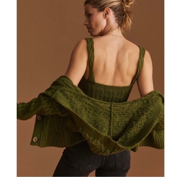 NWT New $148 Anthropologie Hooded Green Cable Knit Cardigan Tank Sweater Set M - Picture 4 of 16